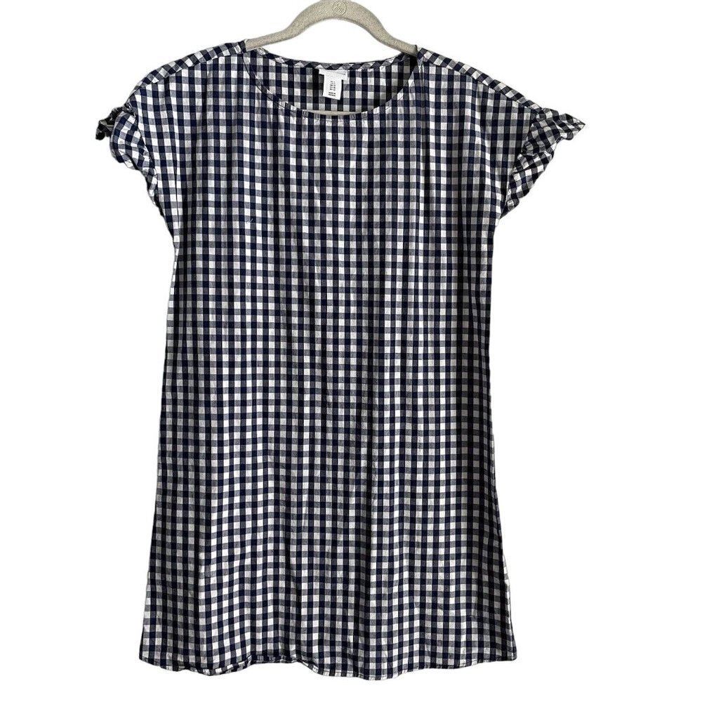 Tabitha Webb Women SZ 6 Navy/White Gingham Ruffled Short Sleeves Shift Dress